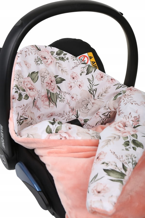 Dvipusis pledukas kūdikių autokėdutėms ir vežimėliams „Babymam“ – abrikosų spalvos su „Romantiškos gėlės“ raštu